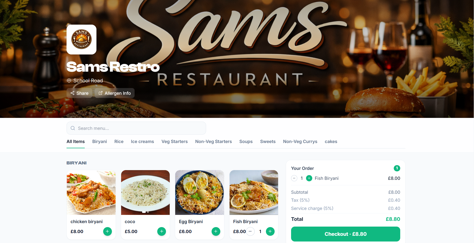 Bill Feeds online ordering website showing restaurant menu with food photos, categories, and cart — Sams Restro