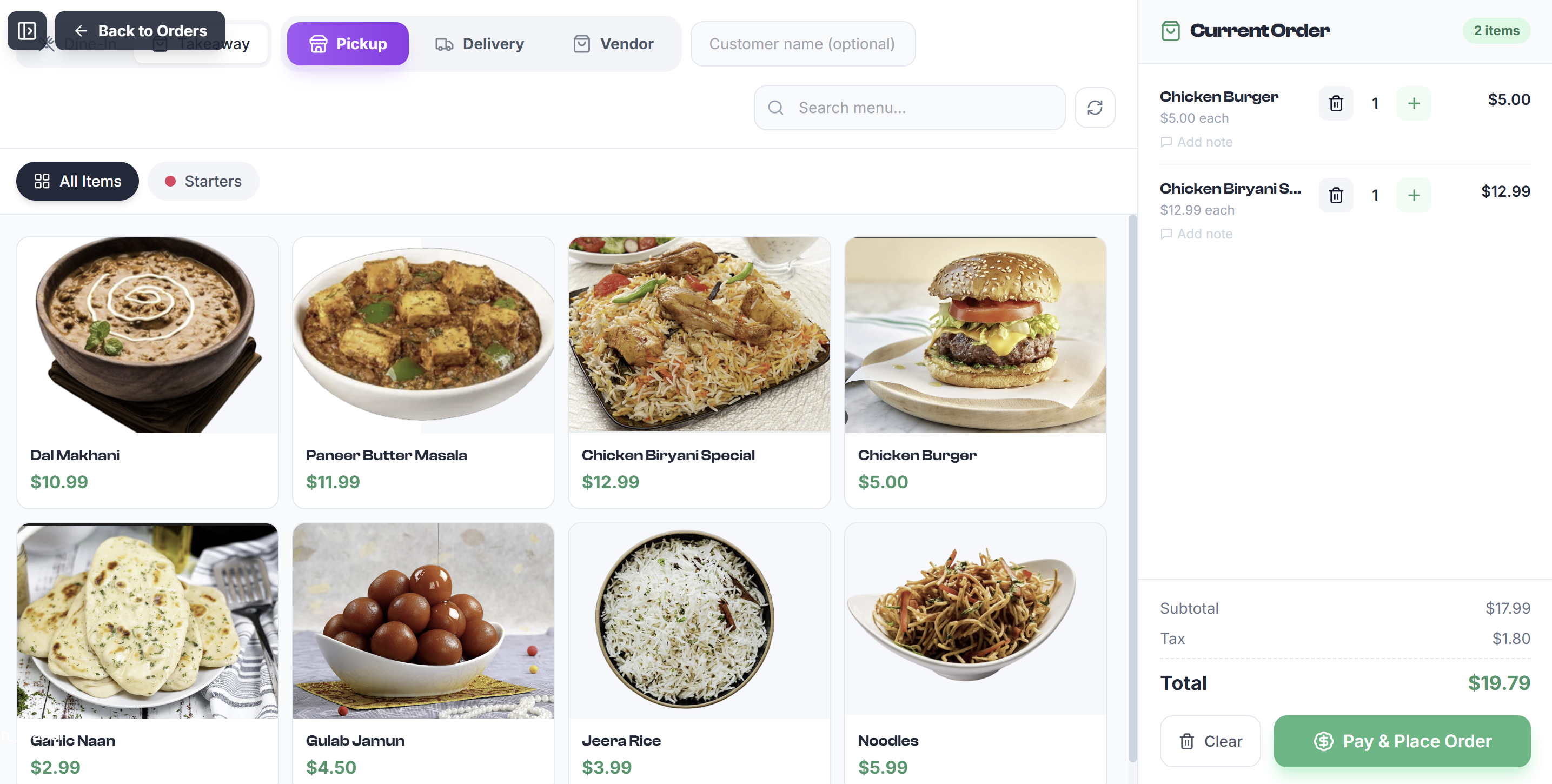 Bill Feeds POS ordering screen for dine-in and takeaway restaurants